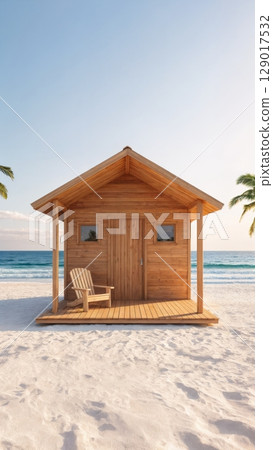 Beach Hut Cozy Retreat, Simple Life, Relaxation, Coastal Charm. Perfect for boutique hotels, rustic travel, unique accommodations, vertical shot 129017532