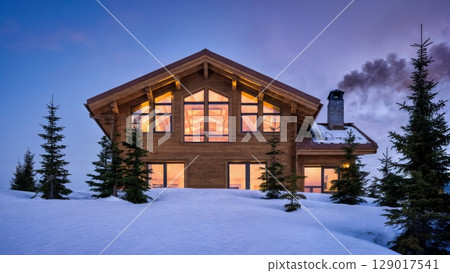 Snowy Mountain Chalet, Cozy Retreat, Winter Escape, Luxurious Comfort. Great for ski resorts, winter travel, holiday destinations 129017541