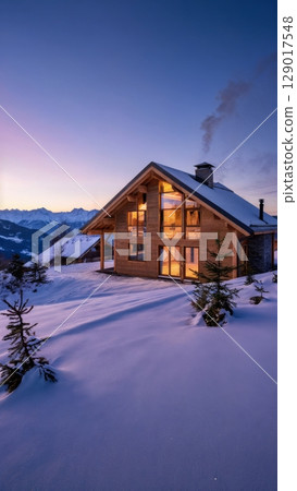 Snowy Mountain Chalet, Cozy Retreat, Winter Escape, Luxurious Comfort. Great for ski resorts, winter travel, holiday destinations 129017548