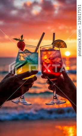 Beachfront Sunset Drinks, Romantic Evening, Coastal Chill, Golden Hour. Perfect for resorts, couples travel, celebratory moments, vertical shot 129017551