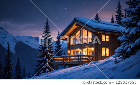 Snowy Mountain Chalet, Cozy Retreat, Winter Escape, Luxurious Comfort. Great for ski resorts, winter travel, holiday destinations Snowy Mountain Chalet, Cozy Retreat, Winter Escape, Luxurious Comfort. Great for ski resorts, winter travel, holiday destinations 129017555