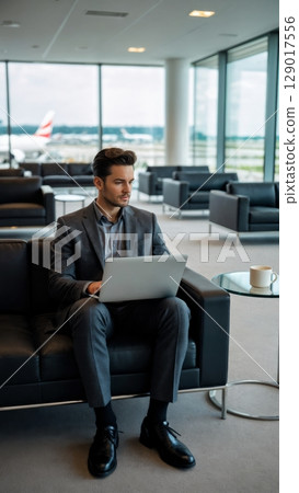 Business Traveler in Airport Lounge, Productivity, Comfort, Luxury Travel. Ideal for corporate travel, premium services, executive lifestyle, vertical shot Business Traveler in Airport Lounge, Productivity, Comfort, Luxury Travel. Ideal for corporate travel, premium services, executive lifestyle, vertical shot 129017556