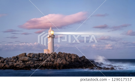 Scenic Lighthouse on Rugged Coast, Coastal Beauty, Guiding Light, Solitude. Perfect for maritime tourism, landscape photography, inspiration 129017557