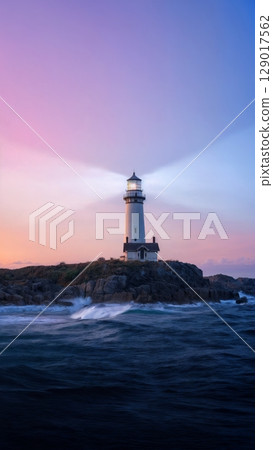 Scenic Lighthouse on Rugged Coast, Coastal Beauty, Guiding Light, Solitude. Perfect for maritime tourism, landscape photography, inspiration, vertical shot Scenic Lighthouse on Rugged Coast, Coastal Beauty, Guiding Light, Solitude. Perfect for maritime tourism, landscape photography, inspiration, vertical shot 129017562