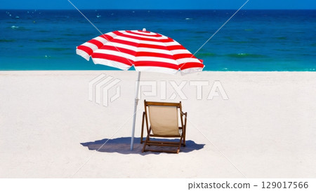Beach Umbrella and Chair, Relaxation Spot, Summer Comfort, Leisure. Great for travel agencies, outdoor living, serene moments 129017566