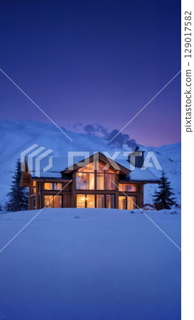 Snowy Mountain Chalet, Cozy Retreat, Winter Escape, Luxurious Comfort. Great for ski resorts, winter travel, holiday destinations, vertical shot 129017582