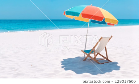 Beach Umbrella and Chair, Relaxation Spot, Summer Comfort, Leisure. Great for travel agencies, outdoor living, serene moments 129017600