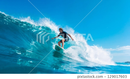 Surfer Catching Wave, Dynamic Action, Adrenaline, Coastal Adventure. Ideal for sports brands, active lifestyle, extreme sports Surfer Catching Wave, Dynamic Action, Adrenaline, Coastal Adventure. Ideal for sports brands, active lifestyle, extreme sports 129017603