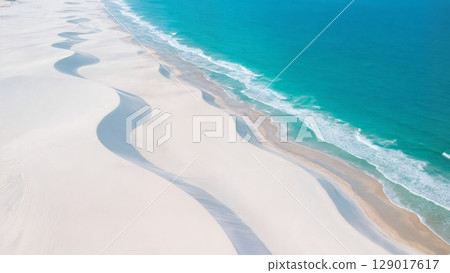 Aerial View of Beach Coastline, Expansive Beauty, Natural Patterns, Global Scale. Perfect for drone photography, environmental awareness, geography Aerial View of Beach Coastline, Expansive Beauty, Natural Patterns, Global Scale. Perfect for drone photography, environmental awareness, geography 129017617