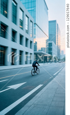 Urban Cyclist Commute, Sustainable Living, Active Lifestyle, City Mobility. Great for cycling brands, environmental initiatives, healthy living, vertical shot 129017640