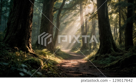 Ancient Forest Path, Nature's Embrace, Solitude, Rejuvenation. Ideal for wellness retreats, outdoor enthusiasts, mindfulness 129017642