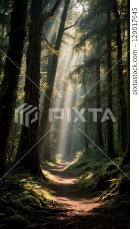 Ancient Forest Path, Nature's Embrace, Solitude, Rejuvenation. Ideal for wellness retreats, outdoor enthusiasts, mindfulness, vertical shot Ancient Forest Path, Nature's Embrace, Solitude, Rejuvenation. Ideal for wellness retreats, outdoor enthusiasts, mindfulness, vertical shot 129017645