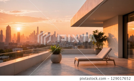 Architectural City Rooftop View, Urban Oasis, Modern Living, Perspective. Great for real estate, luxury apartments, urban design 129017652