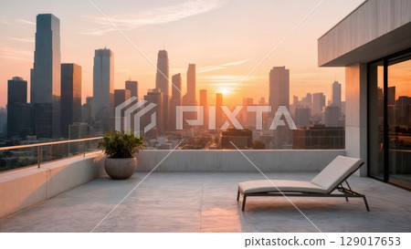 Architectural City Rooftop View, Urban Oasis, Modern Living, Perspective. Great for real estate, luxury apartments, urban design 129017653