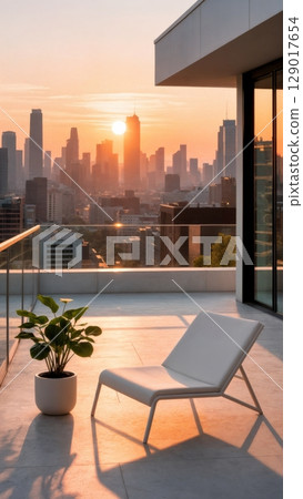 Architectural City Rooftop View, Urban Oasis, Modern Living, Perspective. Great for real estate, luxury apartments, urban design, vertical shot 129017654