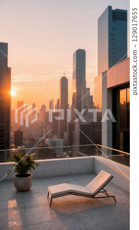 Architectural City Rooftop View, Urban Oasis, Modern Living, Perspective. Great for real estate, luxury apartments, urban design, vertical shot 129017655