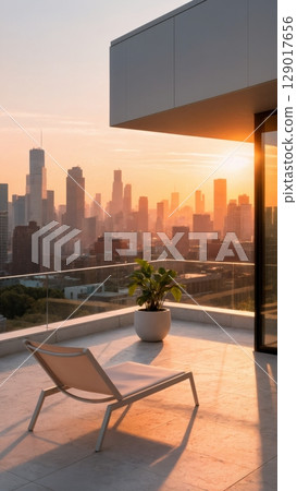 Architectural City Rooftop View, Urban Oasis, Modern Living, Perspective. Great for real estate, luxury apartments, urban design, vertical shot 129017656
