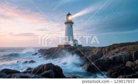 Scenic Lighthouse on Rugged Coast, Coastal Beauty, Guiding Light, Solitude. Perfect for maritime tourism, landscape photography, inspiration 129017657