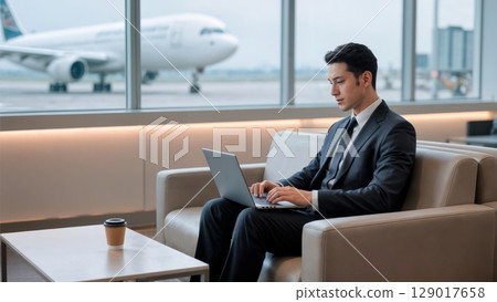 Business Traveler in Airport Lounge, Productivity, Comfort, Luxury Travel. Ideal for corporate travel, premium services, executive lifestyle Business Traveler in Airport Lounge, Productivity, Comfort, Luxury Travel. Ideal for corporate travel, premium services, executive lifestyle 129017658