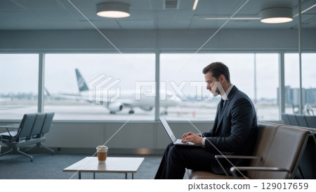 Business Traveler in Airport Lounge, Productivity, Comfort, Luxury Travel. Ideal for corporate travel, premium services, executive lifestyle 129017659