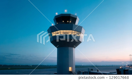 Airport Control Tower, Guidance, Safety, Air Traffic Management. Ideal for aviation safety, logistics, infrastructure 129017668