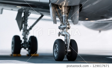 Airplane Landing Gear, Engineering Marvel, Mechanics, Precision. Ideal for aviation enthusiasts, technical drawings, industrial photography 129017671