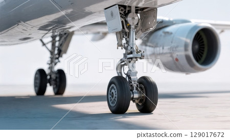 Airplane Landing Gear, Engineering Marvel, Mechanics, Precision. Ideal for aviation enthusiasts, technical drawings, industrial photography 129017672