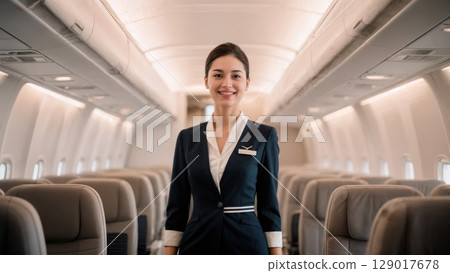 Air Hostess in Cabin, Service, Hospitality, Elegant Travel. Great for airlines, luxury services, customer experience 129017678