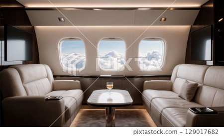 Private Jet Interior, Exclusive Travel, Luxury Lifestyle, Executive Comfort. Perfect for private aviation, high-end services, VIP transport 129017682