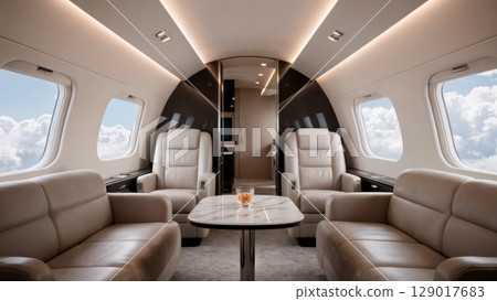 Private Jet Interior, Exclusive Travel, Luxury Lifestyle, Executive Comfort. Perfect for private aviation, high-end services, VIP transport 129017683