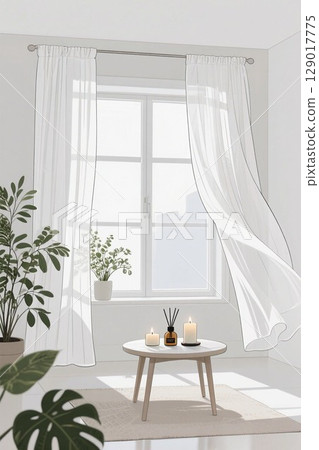 插畫材料：搖曳的窗簾和白色的房間 129017775