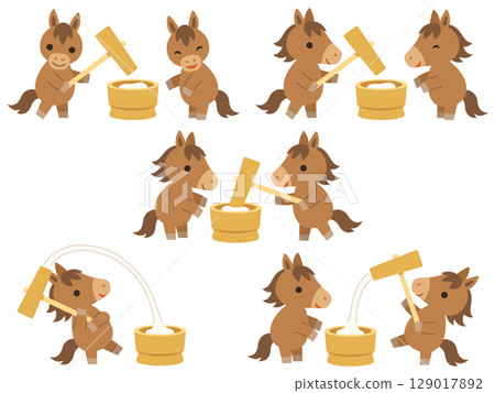 Illustration set of a horse pounding rice cakes Illustration set of a horse pounding rice cakes 129017892