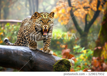 Close-up of a grinning leopard in an aggressive pose in a wild forest 129017932