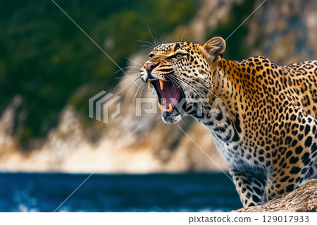 Portrait of a grinning leopard in an aggressive pose in a wild forest 129017933