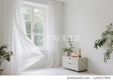 Illustration material: White room with curtains blowing in the wind Illustration material: White room with curtains blowing in the wind 129017948