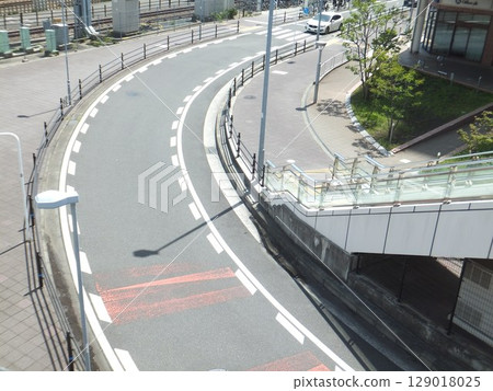 One-lane right curve, sidewalk and stairs One-lane right curve, sidewalk and stairs 129018025