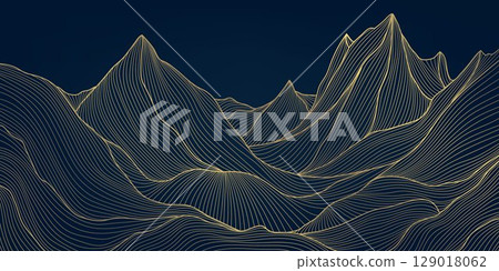 Vector art line gold mountain background, japanese abstract nature hills, rocks, sea graphic. Curve luxury view texture. 129018062