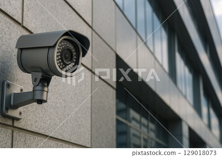 Security surveillance camera mounted on building exterior with glass windows. Security surveillance camera mounted on building exterior with glass windows. 129018073