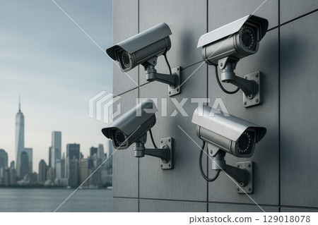Surveillance cameras mounted on building wall with city skyline background for security monitoring and urban protection Surveillance cameras mounted on building wall with city skyline background for security monitoring and urban protection 129018078