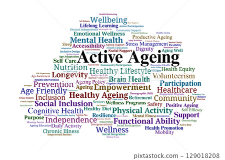 Active Ageing Word Cloud. Key Concepts in Wellness, Engagement, and Healthy Later Life Active Ageing Word Cloud. Key Concepts in Wellness, Engagement, and Healthy Later Life 129018208