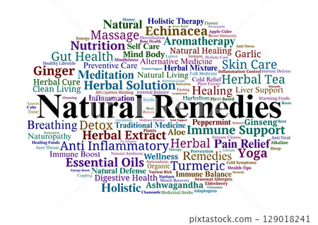 Natural Remedies Word Cloud. Keywords on Herbal Healing and Holistic Wellness Practices Natural Remedies Word Cloud. Keywords on Herbal Healing and Holistic Wellness Practices 129018241