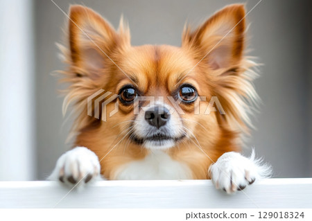 Cute long haired chihuahua dog looking over fence 129018324