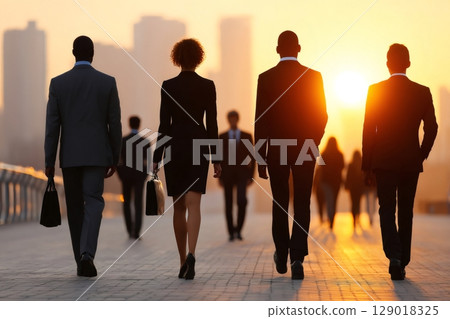 Businesspeople walking at sunset in the city 129018325