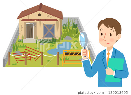 Real estate agent investigating abandoned land. Vacant house, vacant land, asset. 129018495