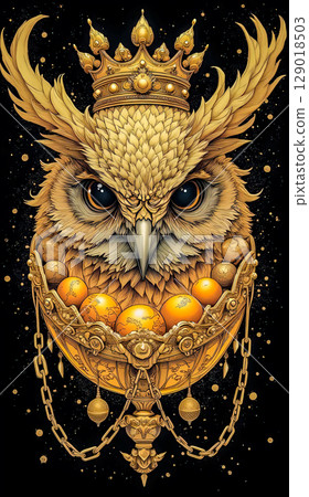 Golden installation of a decorative character.  An exquisite owl with golden feathers and a majestic crown. 129018503
