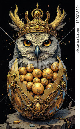 Golden installation of a decorative character.  An exquisite owl with golden feathers and a majestic crown. 129018504