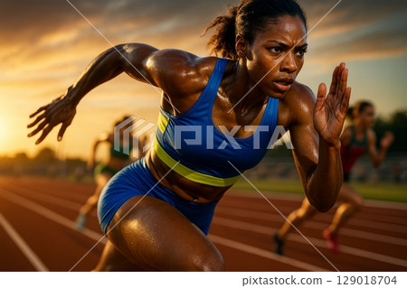 Female athlete sprinting on track at sunset, intense focus and determination during race competition 129018704