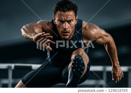 Male athlete jumping hurdle during track race, intense focus and powerful movement in action sports competition 129018705