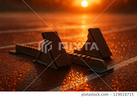 Sprinting starting blocks on a wet track with sunset light and bokeh effect. 129018715