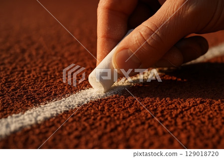 Hand drawing white line with chalk on running track, macro shot symbolizing preparation, start, marking or decision 129018720